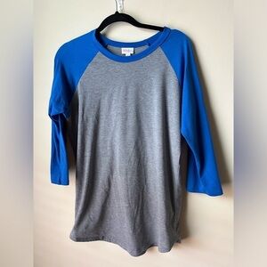LuLaroe Women’s tee baseball shirt Blue and Gray Size Large 3/4 Sleeve